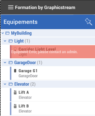 Équipement en erreur affiché en rouge dans la liste.