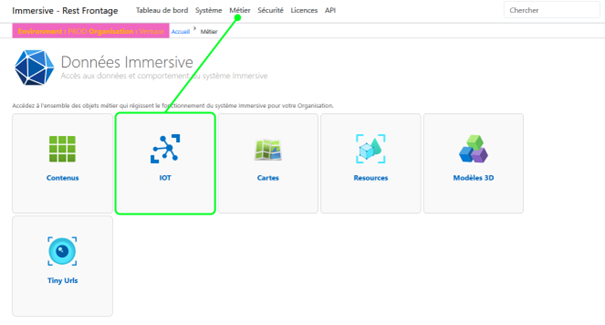 Accès à la catégorie Métier > IOT dans le Backend Immersive.