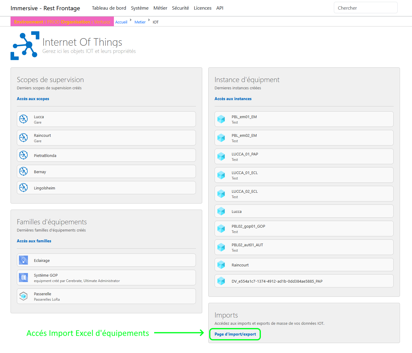 Page d’import / export dans le back office Immersive.