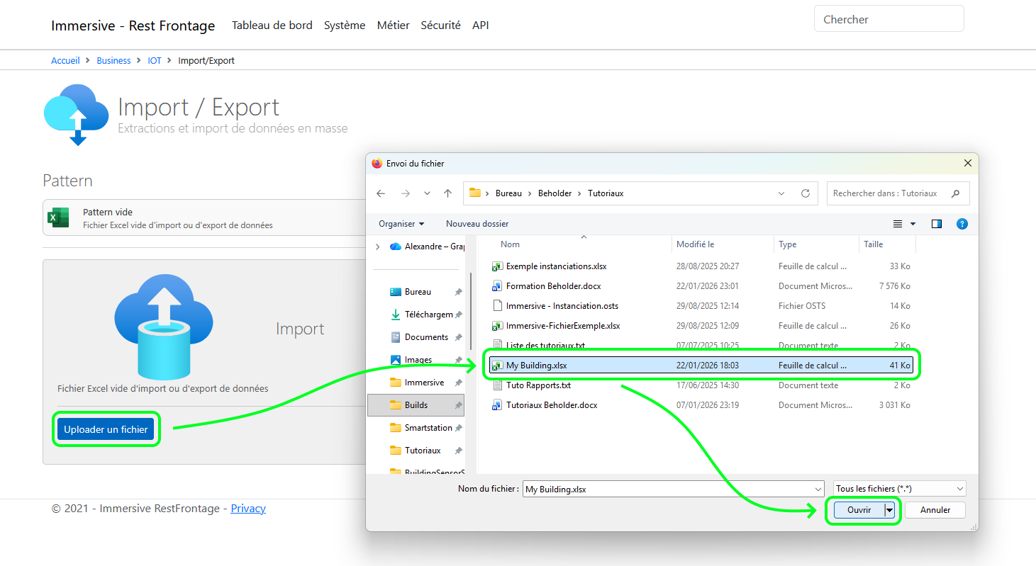 Sélection et upload du fichier Excel d’import.