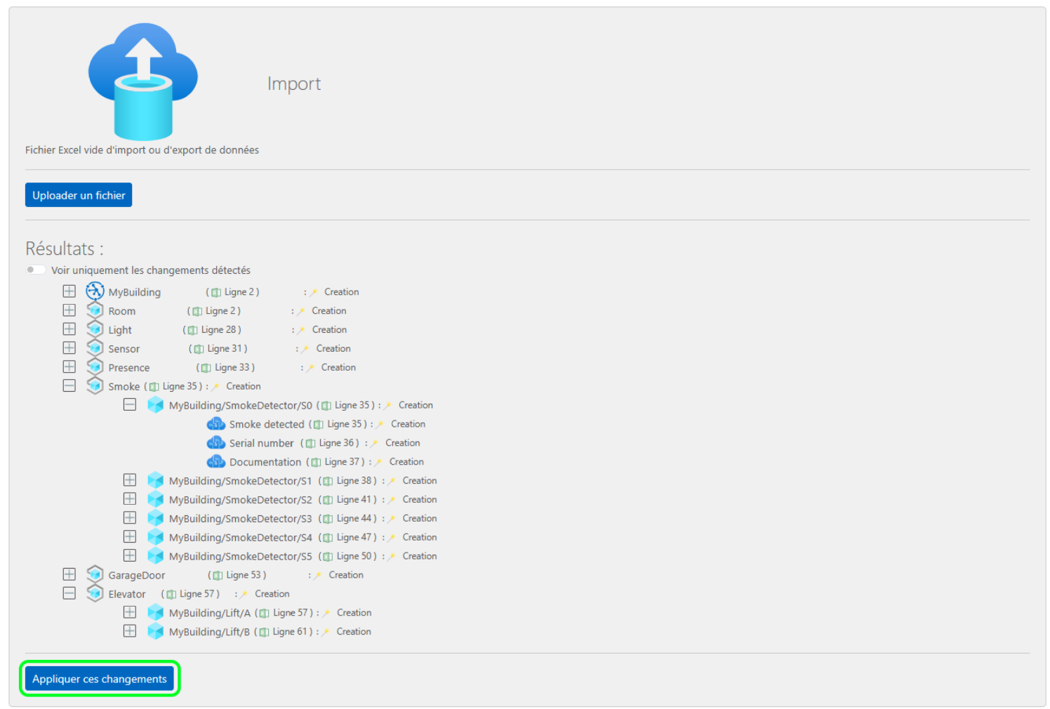 Application des changements lors de l’import Excel.