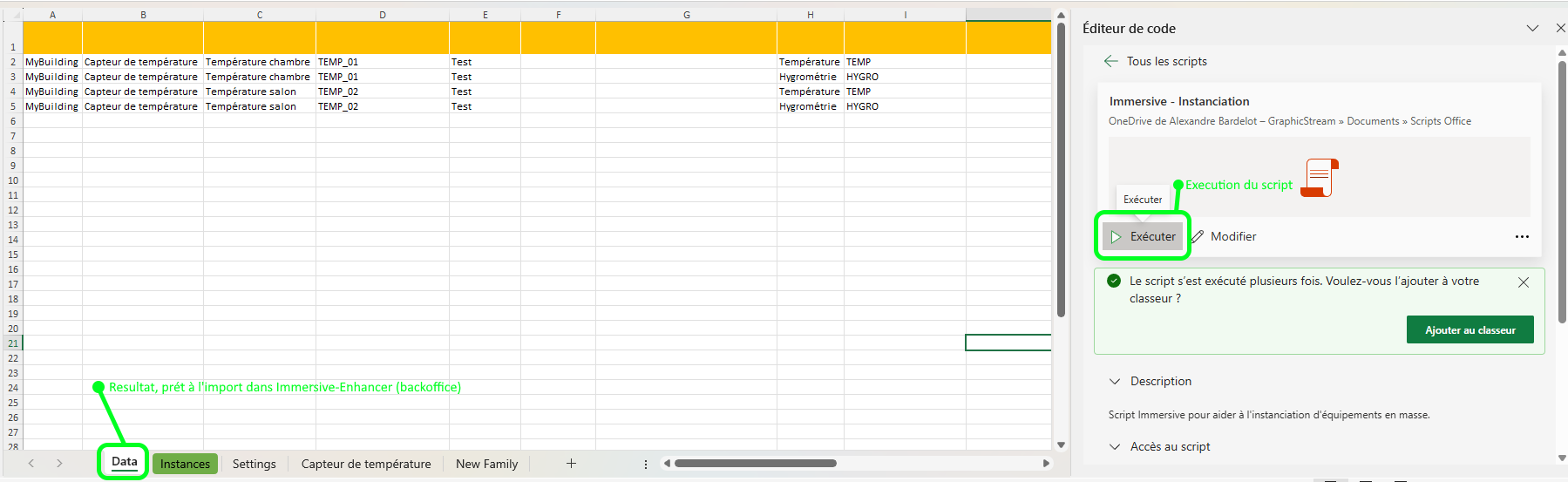 Exécution du script d’automatisation Excel.