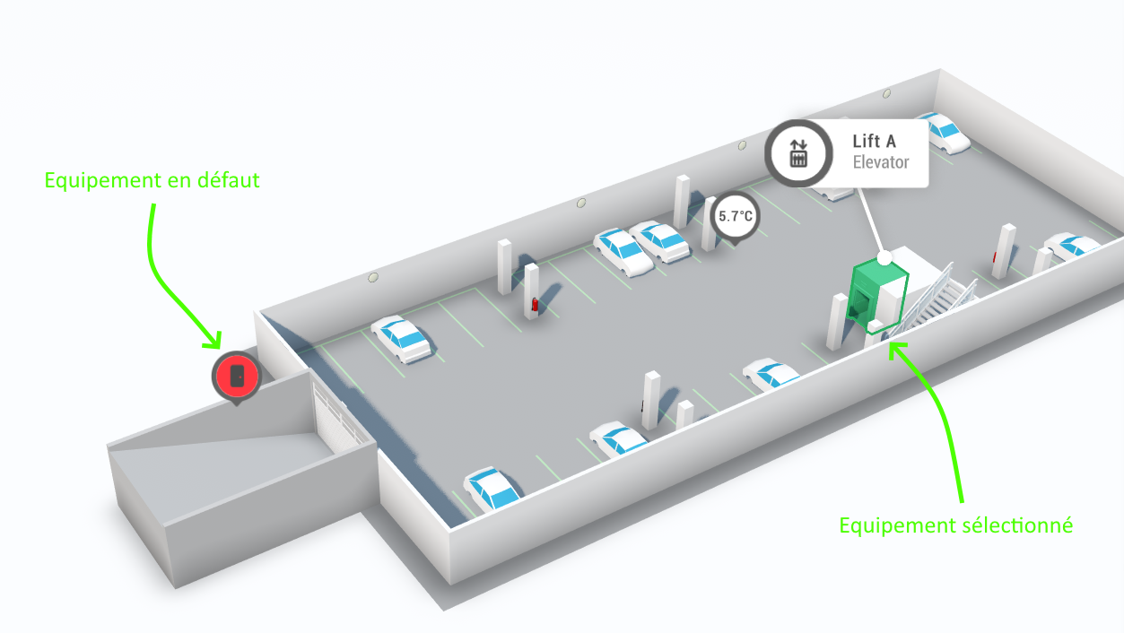 Représentation des équipements dans le jumeau numérique et sélection d’un équipement.