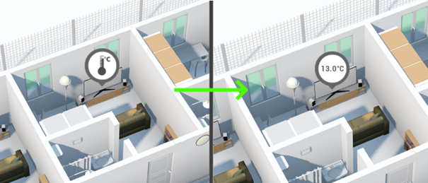 Affichage de la température d’un capteur dans la bulle Widget3D.