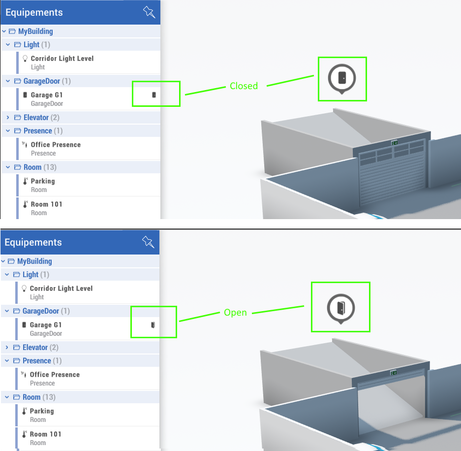 Affichage d’une icône de porte ouverte ou fermée dans la bulle 3D.