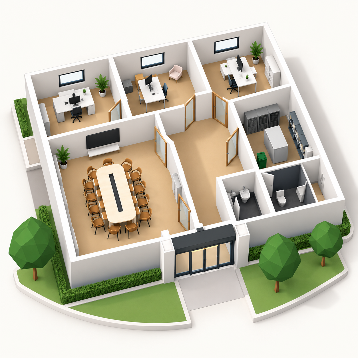 Copie 3D du bâtiment. Les repères relient l’écran de la salle de réunion (1), l’armoire du local technique (2) et la porte d’entrée (3) à leurs lignes dans la liste des équipements.
