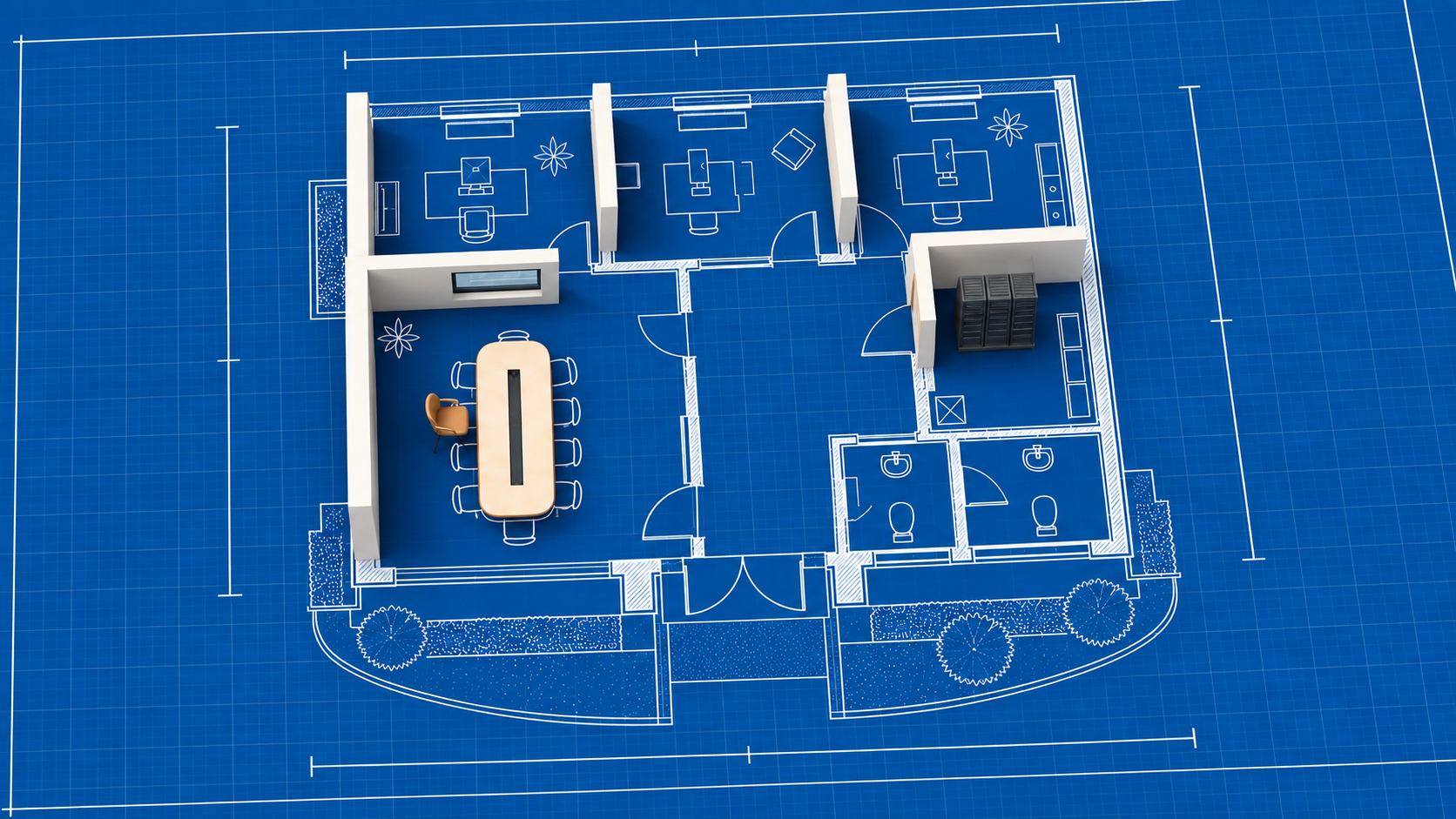 Le plan bleu du bâtiment prend du volume : quelques murs et objets en 3D émergent au-dessus du dessin pour illustrer une modélisation en cours.