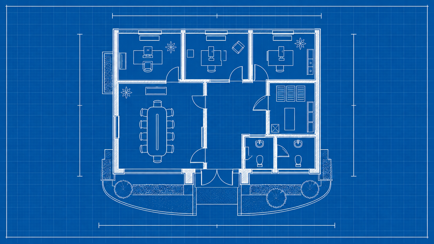Plan architectural du même bâtiment de bureaux, en traits blancs sur fond bleu, avec la salle de réunion, les bureaux, la circulation et les locaux techniques.