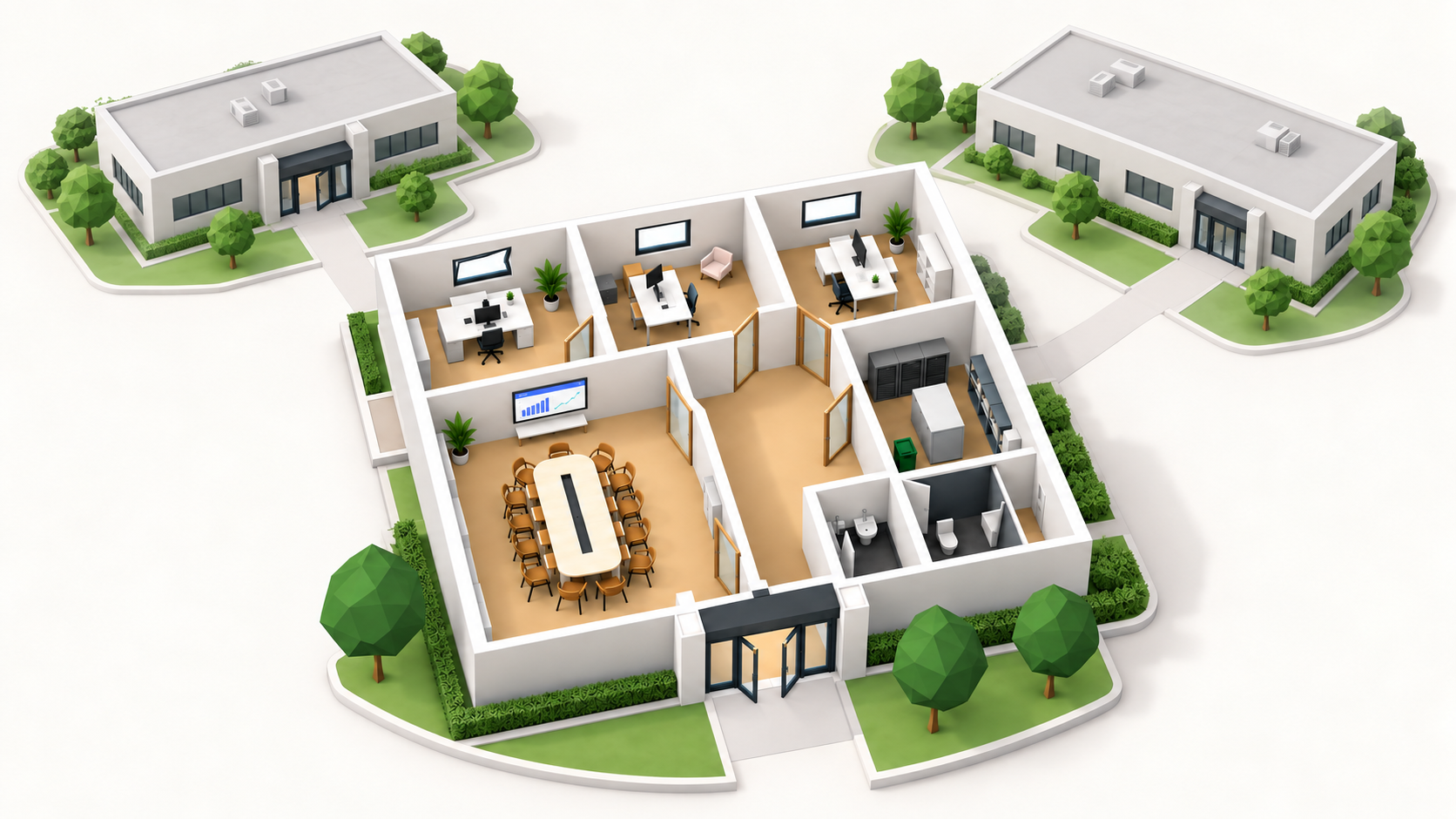 Vue 3D du premier bâtiment validé, avec ses pièces, une fenêtre ouverte, la salle de réunion, le local technique et les sanitaires. Deux autres bâtiments à l’arrière-plan représentent les prochaines extensions.